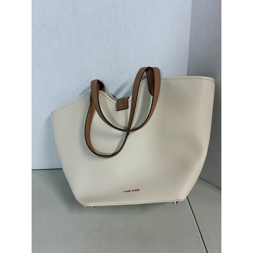 Anne Klein Two Tone Cream Cognac Brown Faux Leather Tote Bag with Pouch NWT - Picture 4 of 9